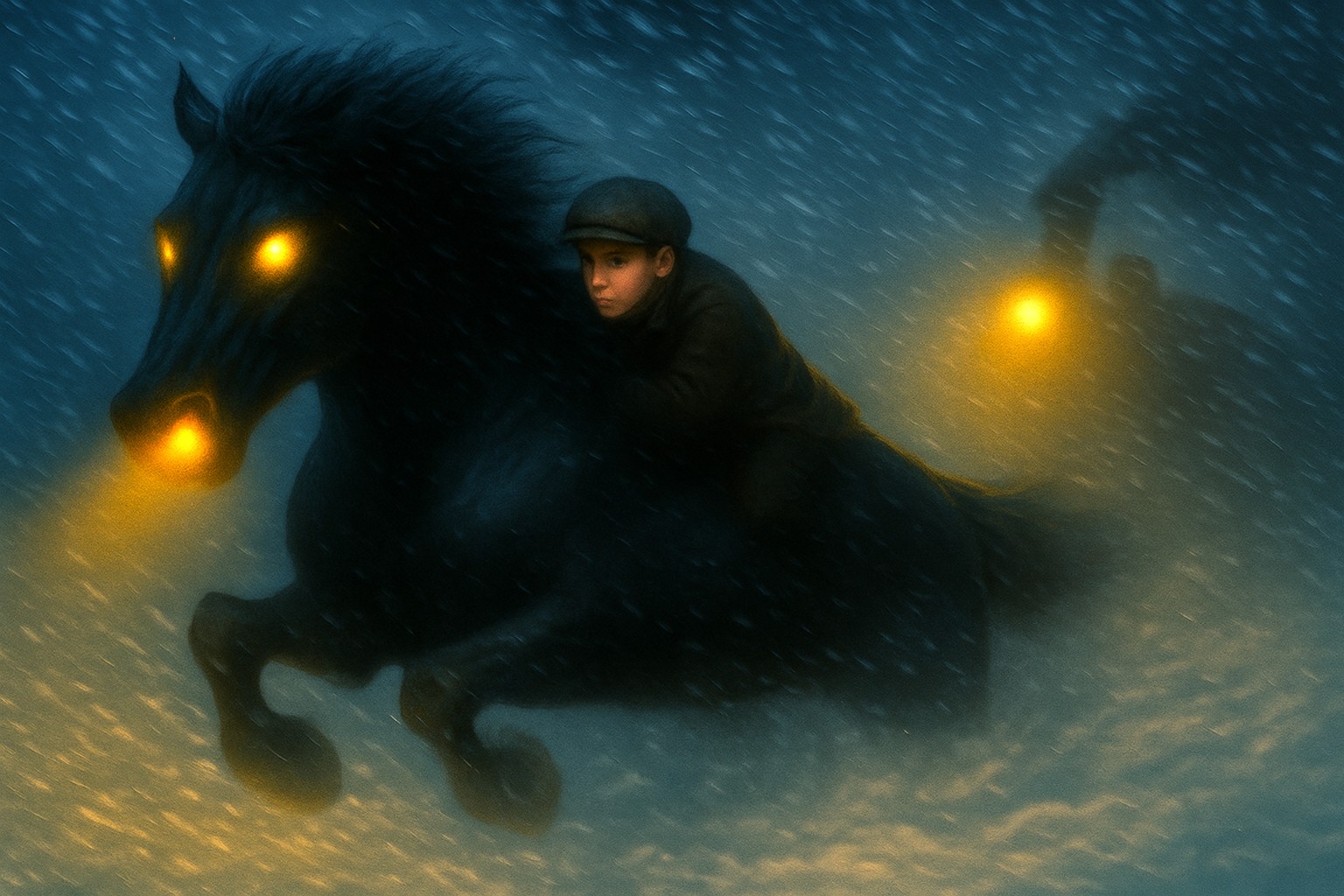 A boy rides a dark, glowing-eyed horse through a snowstorm