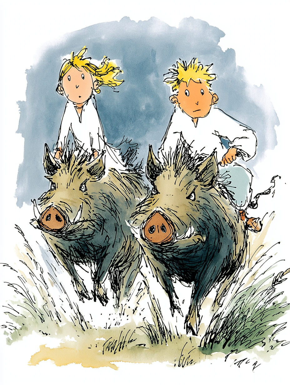 Illustration of two children riding wild boars